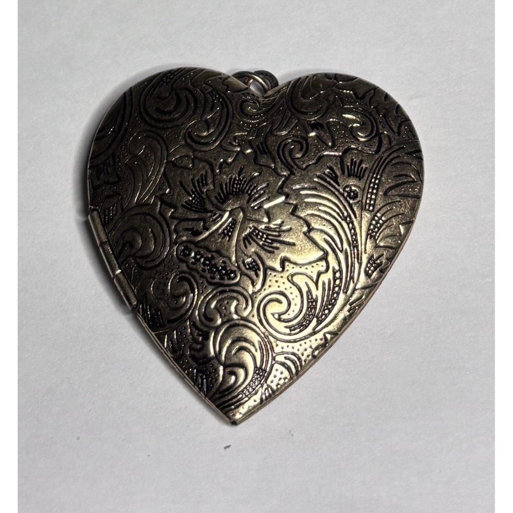 Embossed Floral Heart Locket Pendant Antique Silver Tone Opens 1.5" Romantic